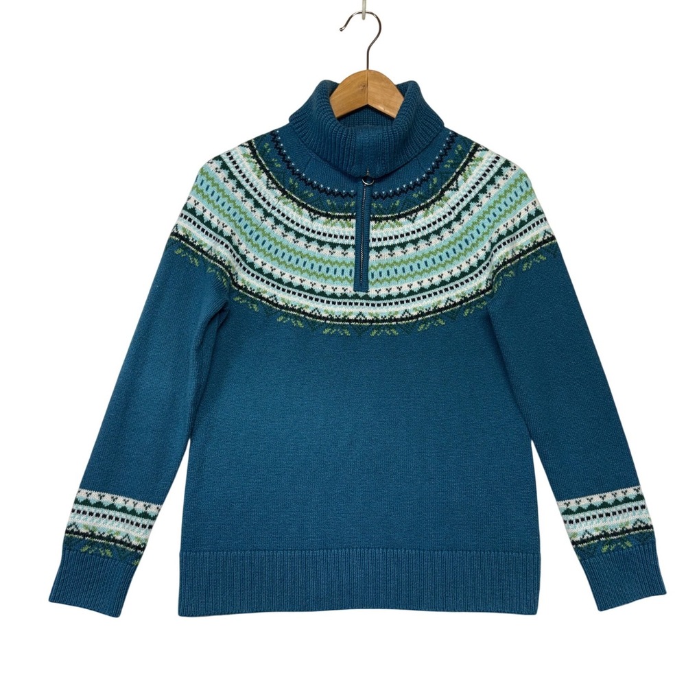 Talbots Petite Teal Blue Fair Isle Quarter Zip Sweater Size P‎ Cotton Blend Mock